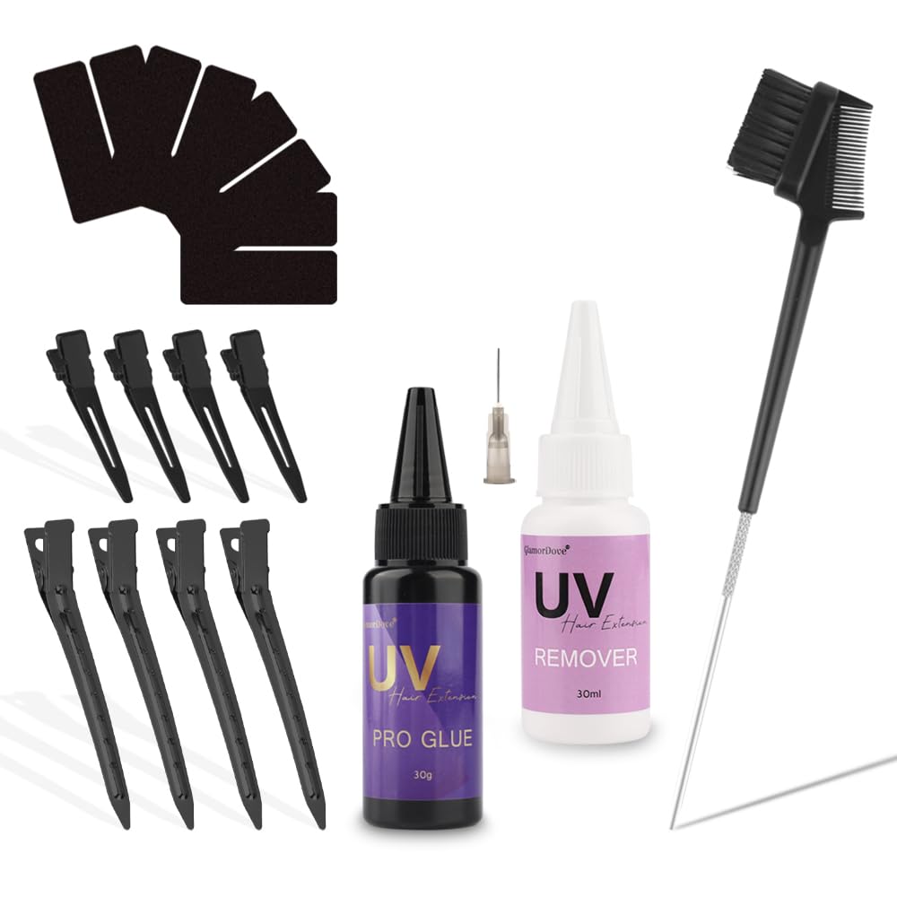 GlamorDove UV Hair Set Super Fast Remover UV Hair Extension Kit 30g UV Hair Glue with 30ml Glue Remover Anti-UV Shield Guards Replacement Accessories for UV Hair Extensions Metal Hair Clips