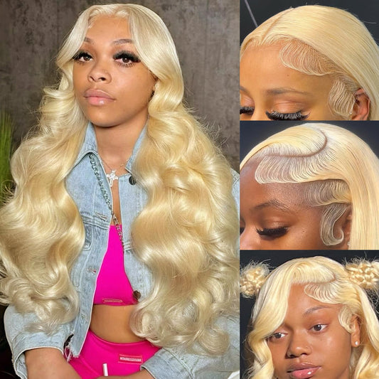 XFJT 613 13x6 Lace Front Wig Human Hair 613 Lace Front Wig Human Hair Body Wave Blonde Lace Front Wigs Human Hair for Women 200 Density Natural Hairline with Baby Hair(38Inch)