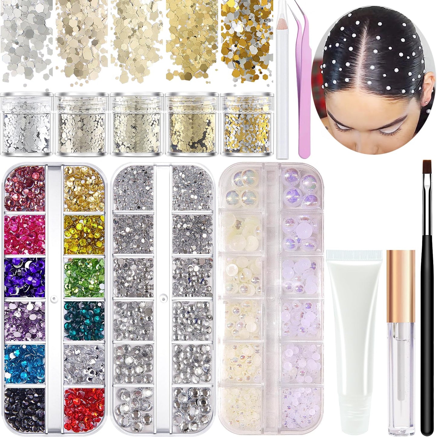Hair Face Gems Rhinestones with Makeup Glue Flat Back Colorful Jewels Crystal Half Round Pearl Gold Holographic Glitters Sequins Kit Wax Pencil Tweezer and Brush for Face Eye Hair Body Makeup