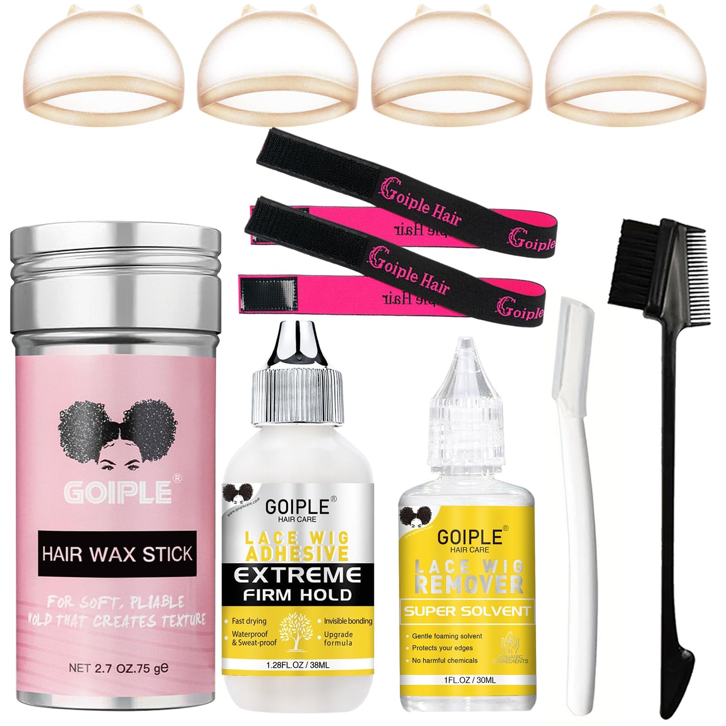 Lace Wig Glue Kit Lace Front Glue Kit for Wigs Strong Hold Glue for Wigs and Hair Systems Invisible Bonding Wig Adhesive Hair Glue Wig Remover Hair Wax Stick Edge Band Razor & HD Wig Cap