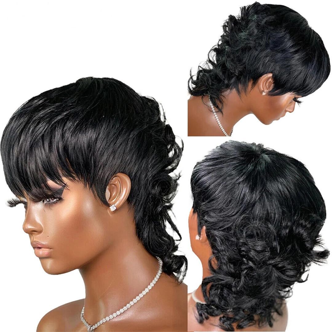 PurpleSexy 80s90s Mullet Wig for Black Women Pixie Cut Wigs Human Hair Wigs Mullet Curly Pixie Wigs 12inch Natural Black Color Brazilian Virgin Human Hair Wigs Glueless Wigs