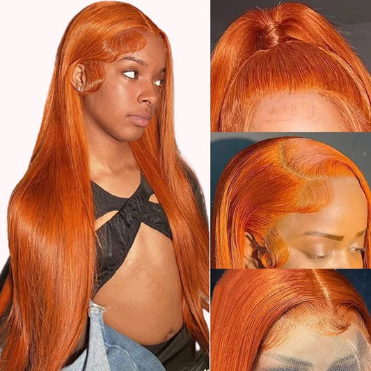 13×4 Ginger Blonde Lace Front Wigs Human Hair 26Inch 180% Density Ginger Orange HD Transparent Lace Frontal Wigs for Black Women Glueless Wigs Lace Front Wigs Pre Plucked Hairline with Bleached Konts