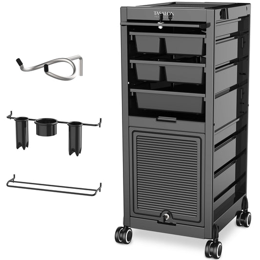 TASALON Lockable Salon Trolley Cart - Beauty Salon Cart with 6 Drawers and Tool Holders Salon Stations for Hair Stylist Rolling Cart with Wheels Lock and Door Black Tool Cart for Barber Station