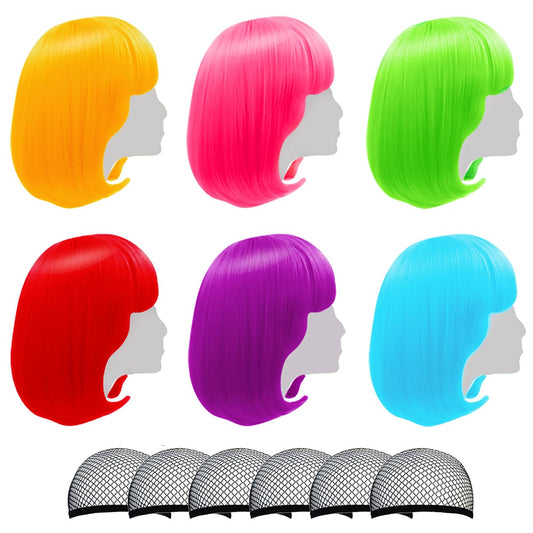 LIULIUBTY Colored Wigs 6 Pack Short Bob Hair Wigs Neon Colorful Party Wigs for Women Girls Cosplay Costume Party Holiday Bachelorette Night Club (OrangeRedBluePurpleGreenHot Pink)